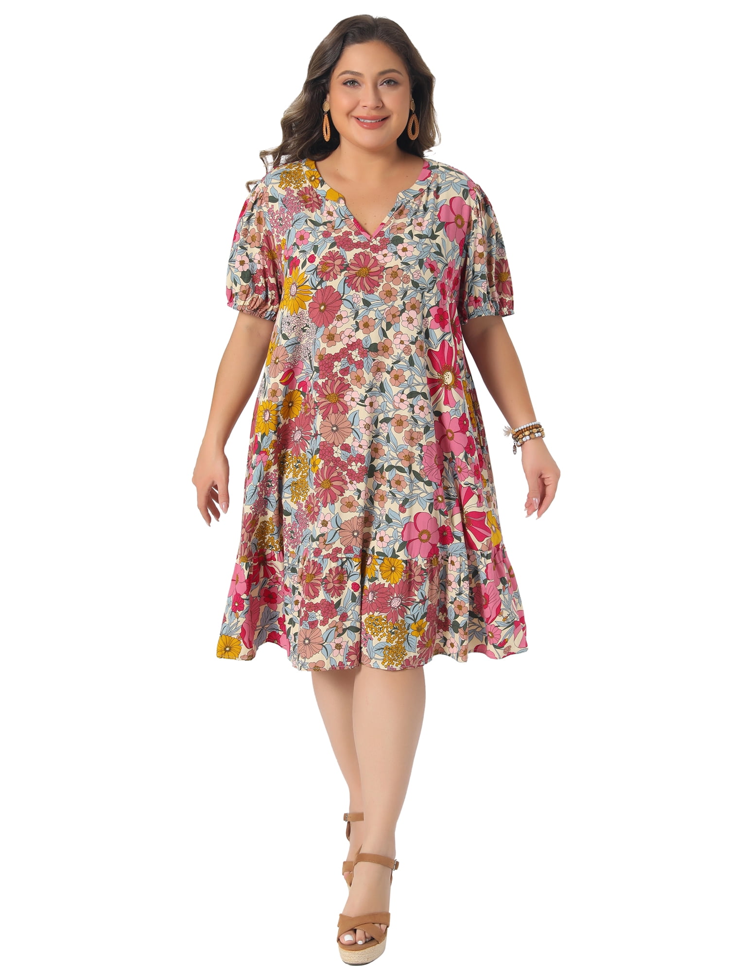 DARING DIVA Women's Plus Summer V Neck Short Sleeve Midi Dress 2X Pink