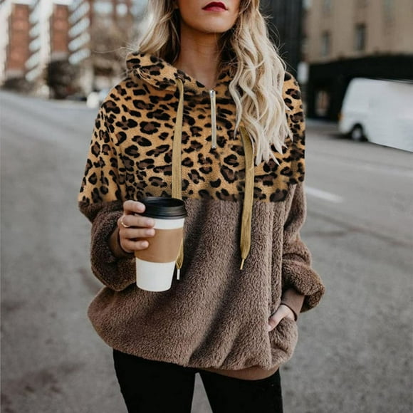 jsaierl Fleece Hoodies for Women Sherpa Leopard Pachwork Sweatshirt Top Long Sleeve Warm Quarter Zip Pullover with Pockets