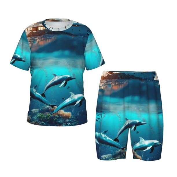 Balery Hawaiian Ship Dolphin Conjunto de Pijama Infantil de Manga Corta con Estampado – Ropa de Dormir de Algodón Suave-X-Large