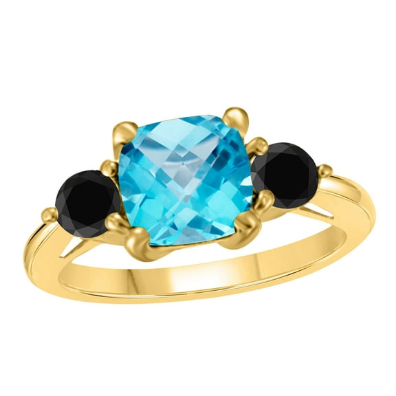 Mauli Jewels Rings for Women 2.2 Carat Carat Black Diamond And Cushion Shape Blue-topaz Gemstone Ring Prong-Setting 10K Yellow Gold