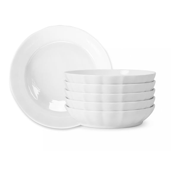 QUANSHANGJU Bone China Pasta Bowls, Set of 6, 8.5 Inch Wide Shallow Fluted Bowls for Pasta, Salad, Soup, Microwave & Dishwasher Safe