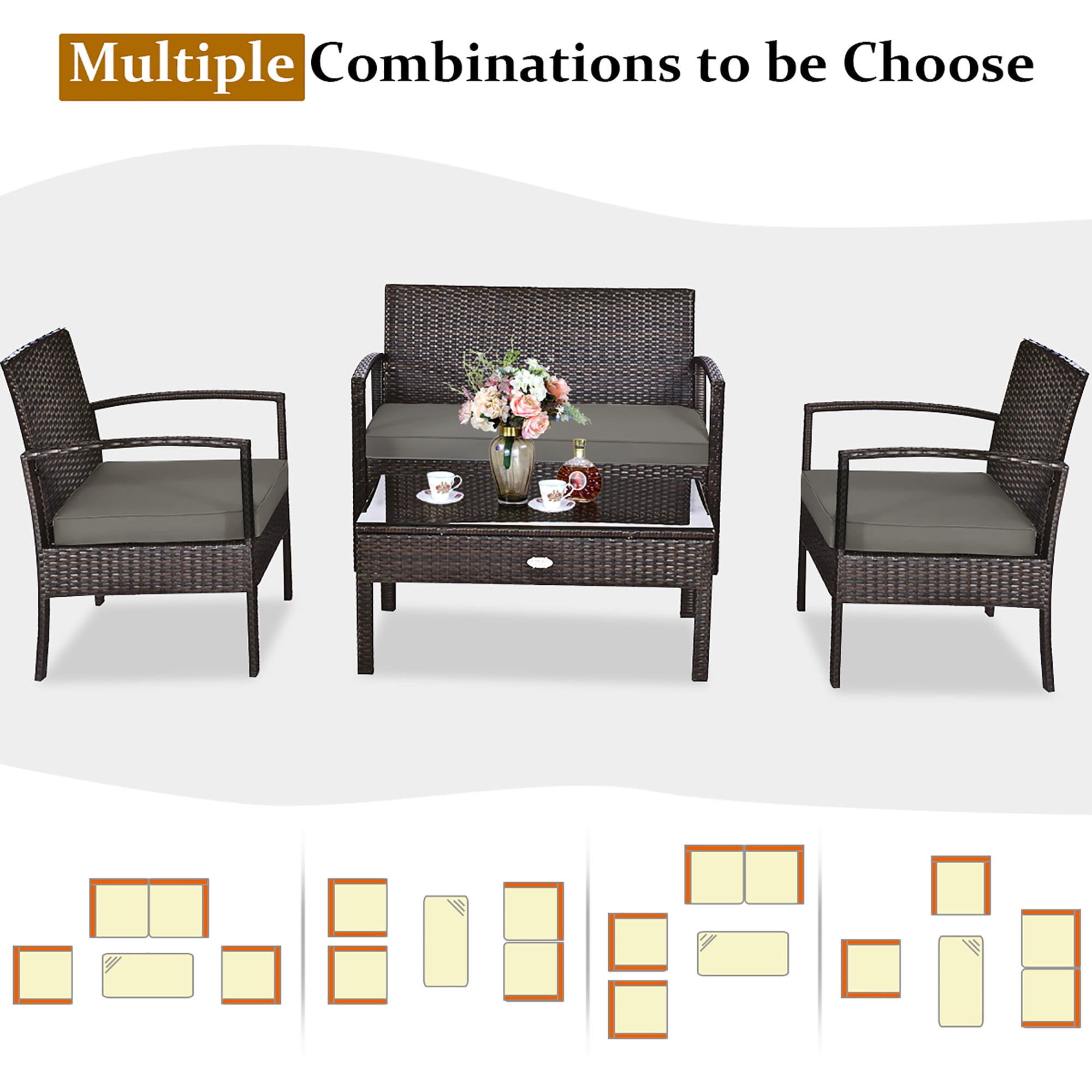 Costway 4PCS Patio Rattan Wicker Furniture Set Loveseat Sofa Cushioned Garden Yard Brown