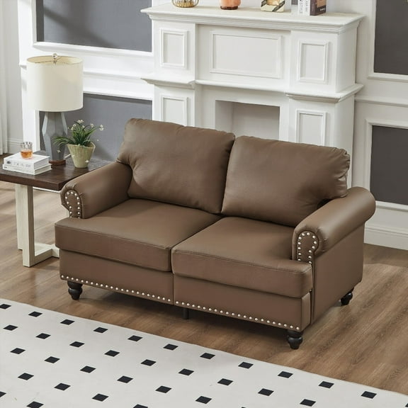 Modern 59.5" Leather Loveseat with Nails for Living Room - Brown
