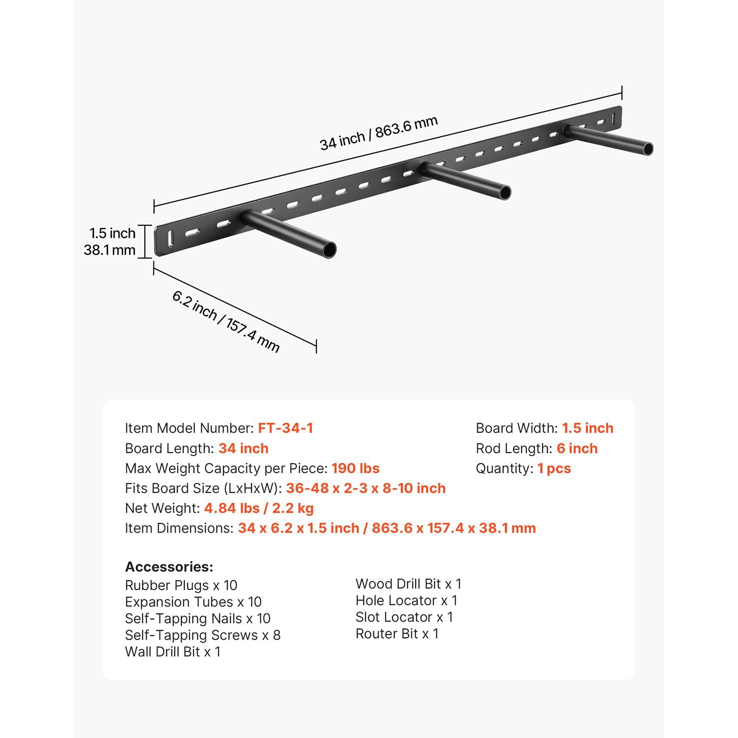 Heavy Duty Floating Shelf Brackets, Concealed Design, Supports up to 190 lbs, Rust-Resistant Steel, 16-46 Inch Sizes, for Living Room, Kitchen, Bedroom & Garage