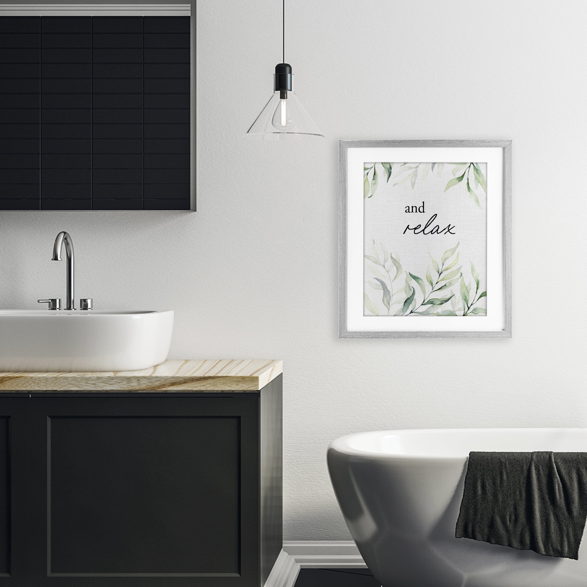 And Relax Soothing Greenery Gray Framed Print Under Glass, design by Lettered and Lined