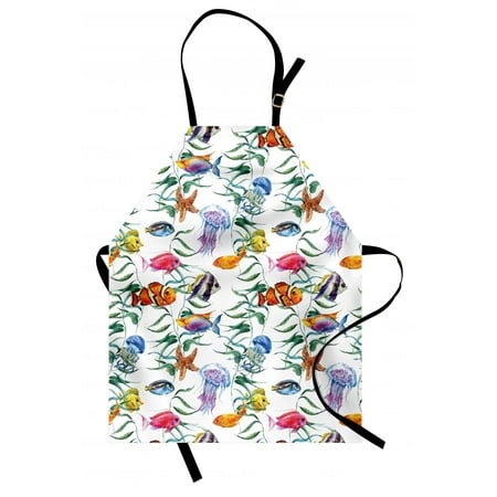 Jellyfish Apron Tropical Coral Reef with Seaweed Algae Jellyfish Aquatic Saltwater Nemo Theme, Unisex Kitchen Bib Apron with Adjustable Neck for Cooking Baking Gardening, Multicolor, by