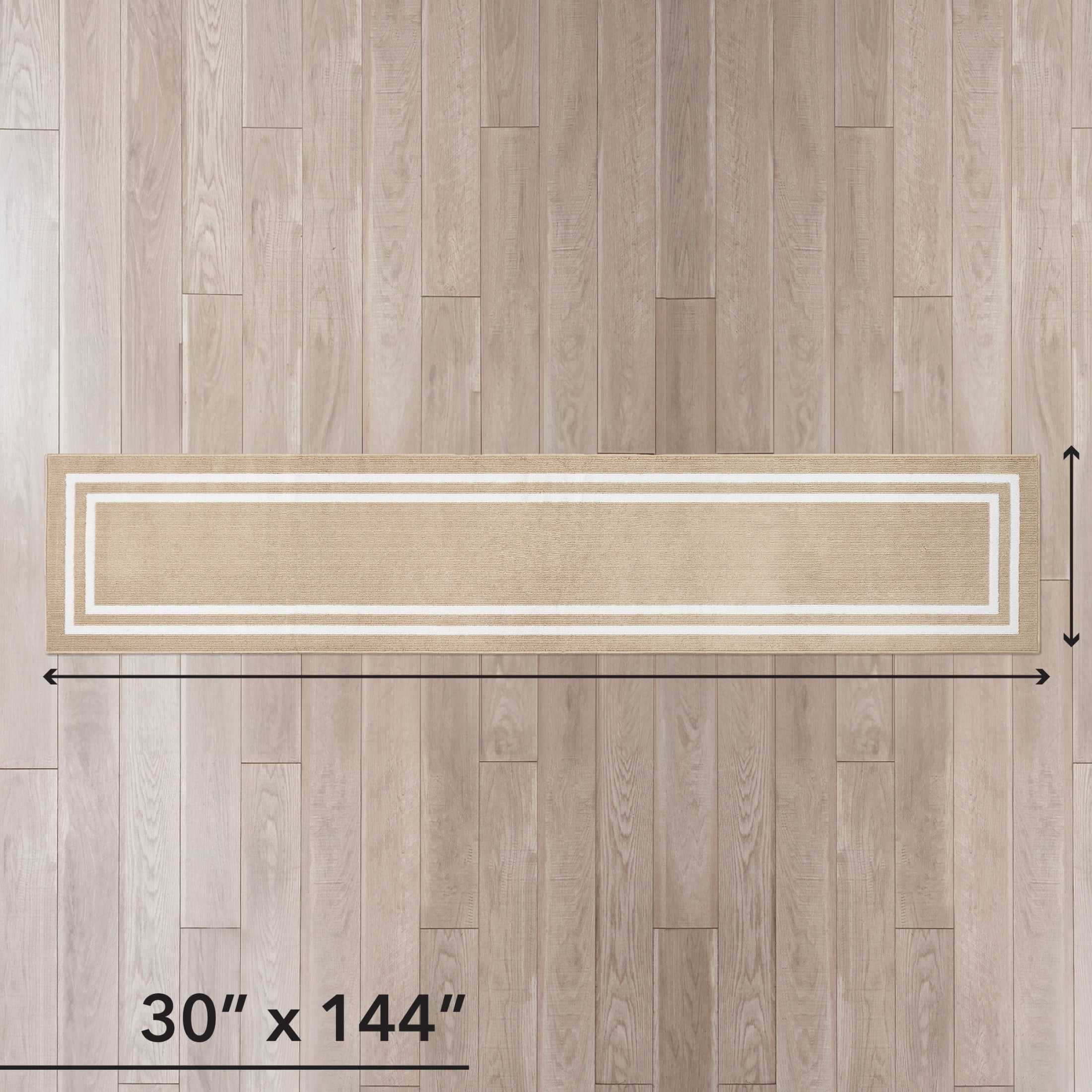 Washable Skid-Resistant Runner Rug, Border, Beige and White, 30" x 144"