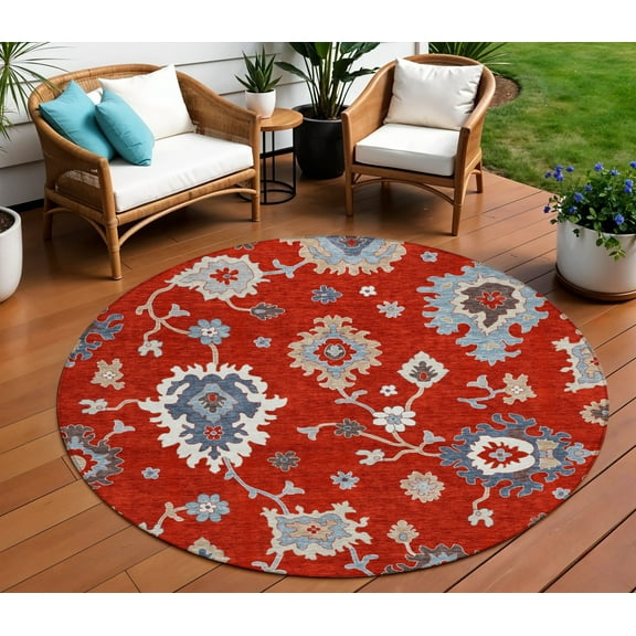 8' Red Gray And Taupe Round Floral Washable Indoor Outdoor Area Rug