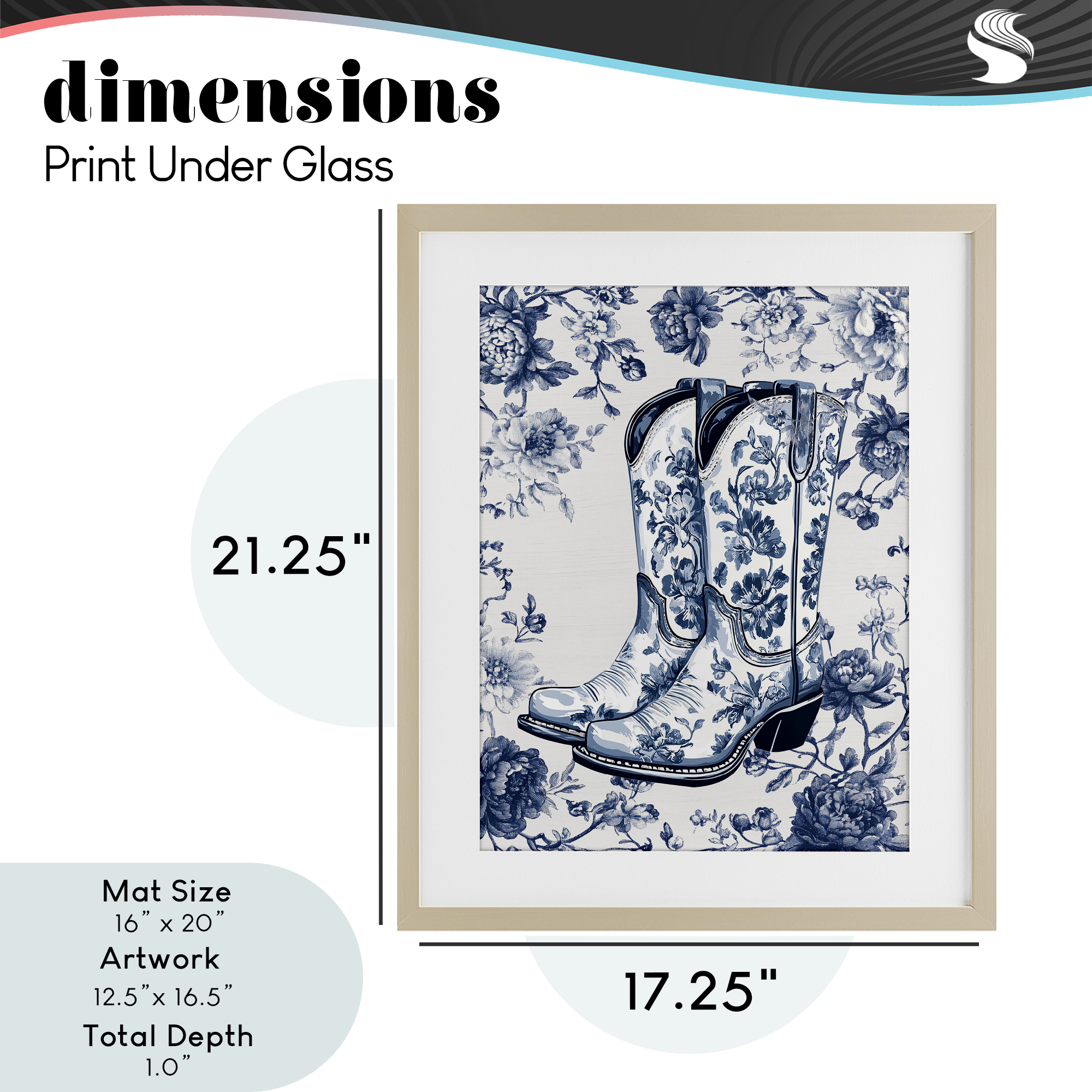 Blue Spring Florals & Boots Birch Framed Print Under Glass, design by Lettered and Lined