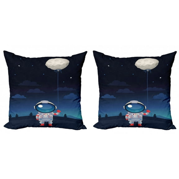 Ambesonne Space Throw Pillow Cover 2 Pack, Astronaut with a Moon, 20", Indigo and Pale Grey