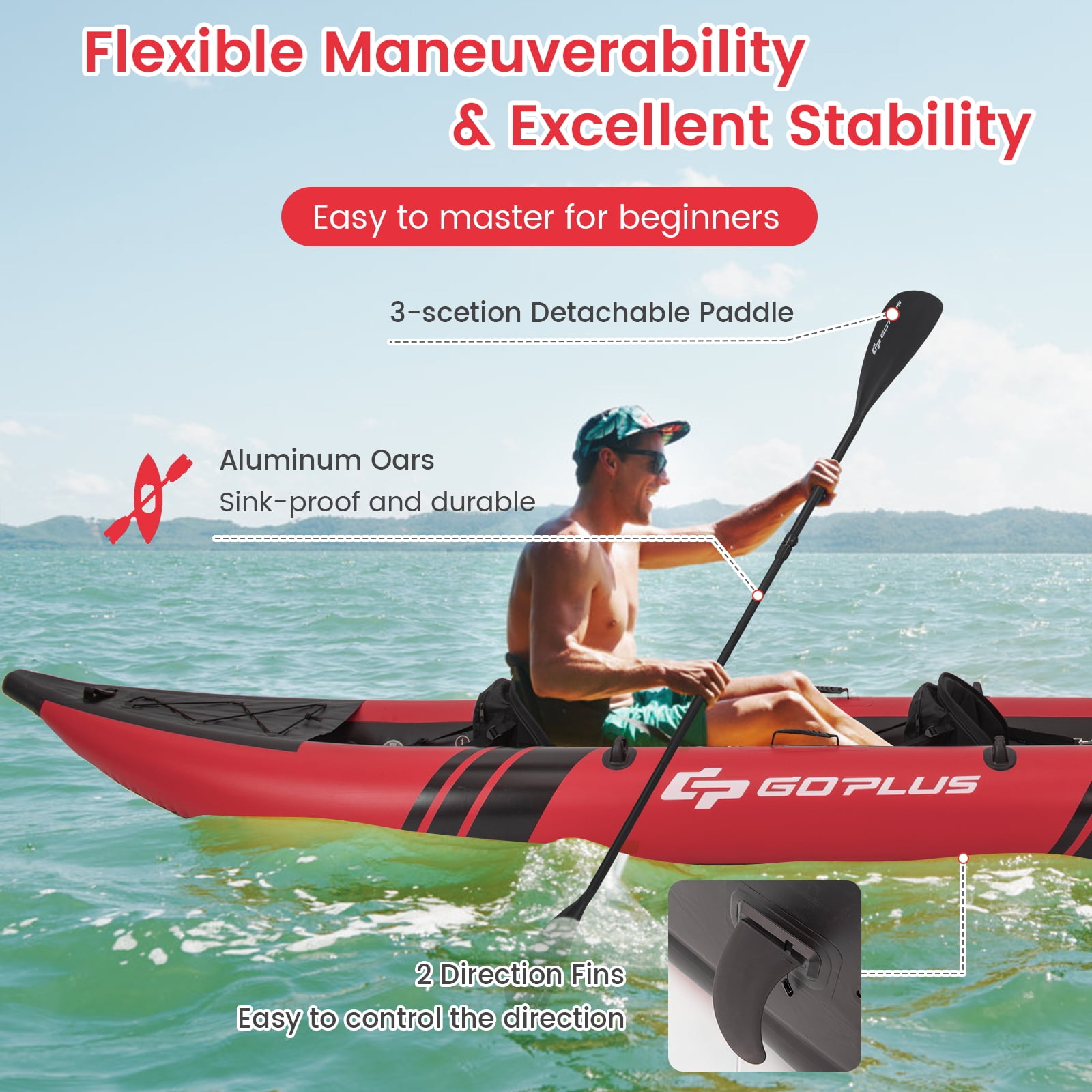 Goplus Inflatable Water Float Set Portable 2-person Kayak with Aluminium Oars EVA Padded Seat Red