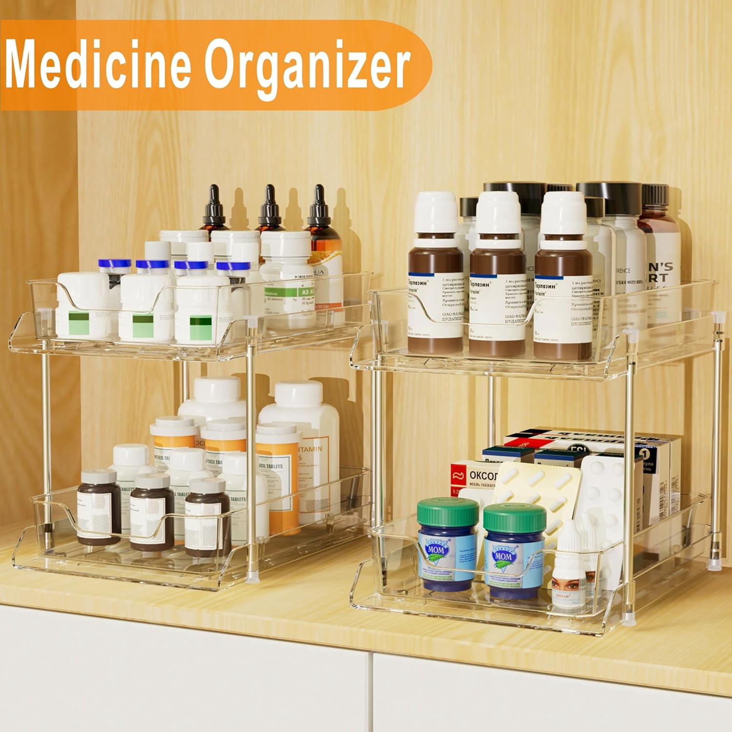 4 Pack Bathroom Under Sink Organizers and Storage, 2-Tier Pull Out Medicine Cabinet Organizing- Kitchen, Pantry, Medicine Storage Bins, Vanity Makeup.(Clear,10.63" L x 8.0" W x 8.46" H).