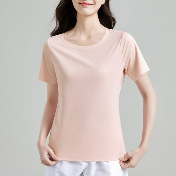 Fglymey Women's Lightweight Short-Sleeve T-Shirt, Classic Loose Crewneck Solid Color Tee Shirt Pink L