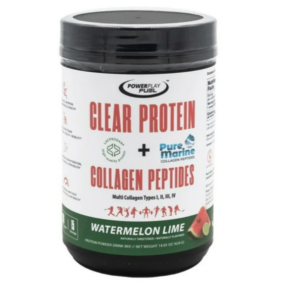 Clear Protein & Collagen Peptides Protein Powder Drink Mix - Naturally Sweetened & Flavored Protein   Marine Collagen - 15 Servings (Watermelon Lime)