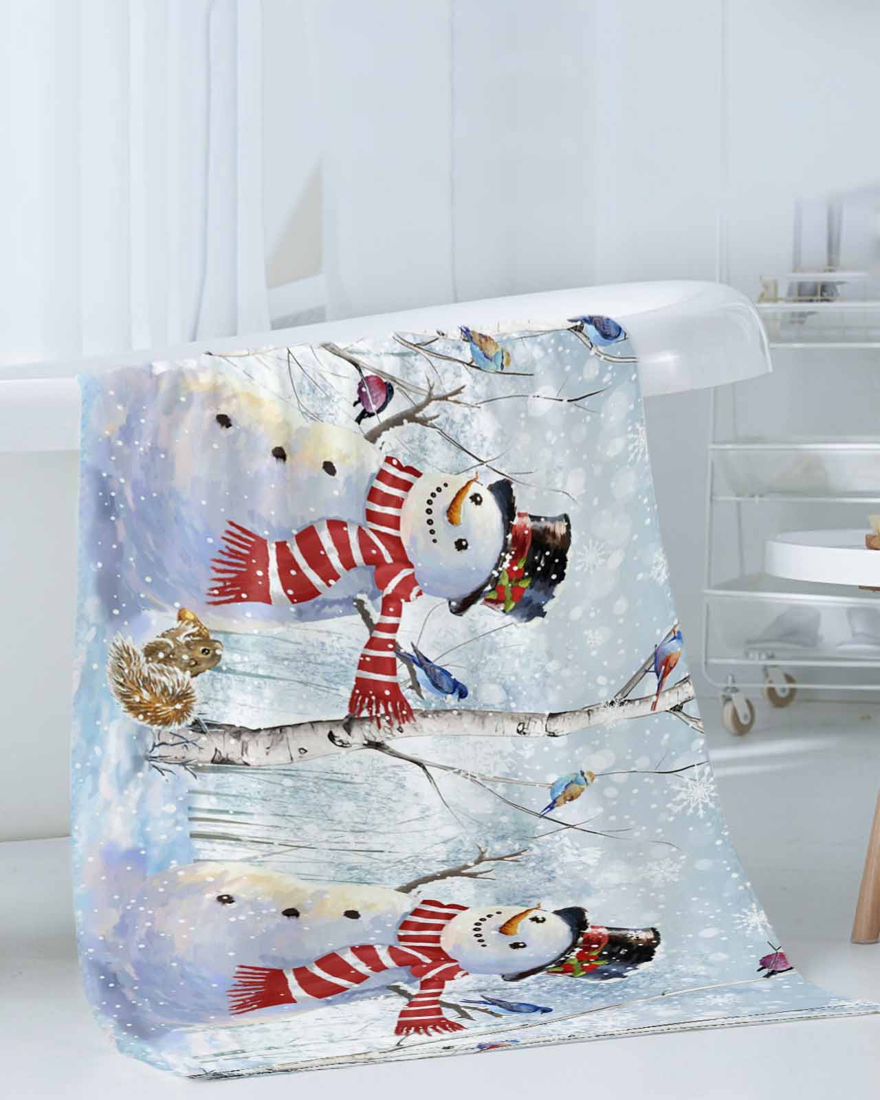 Red Blue Christmas Bath Towels for Bathroom Set,Luxury Microfiber Towels Gifts for Women,Quick Dry Beach Hand Hair Face Towel and Dish Washcloth,Snowman Xmas Snowflake Winter Birds Towels+Set