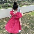 thumbnail image 7 of Girls Puff Sleeve Dress Square Neck Bowknot Tie Back Cute Summer Midi Dresses with Polka Dots Print (4 Years, Hot Pink), 7 of 7
