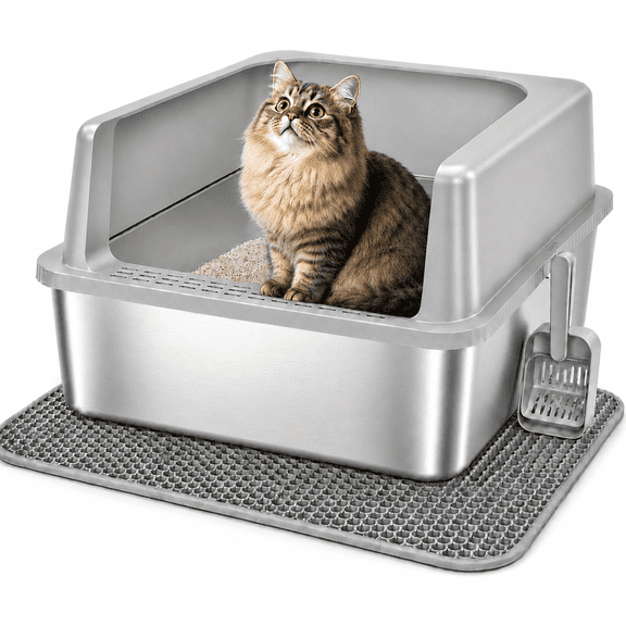 YUWENUS XL Stainless Steel Cat Litter Box with High Sides, 23.5" Leak-Proof Metal Litter Pan with Scoop and Double-Layer Mat for Large Cats, Gray