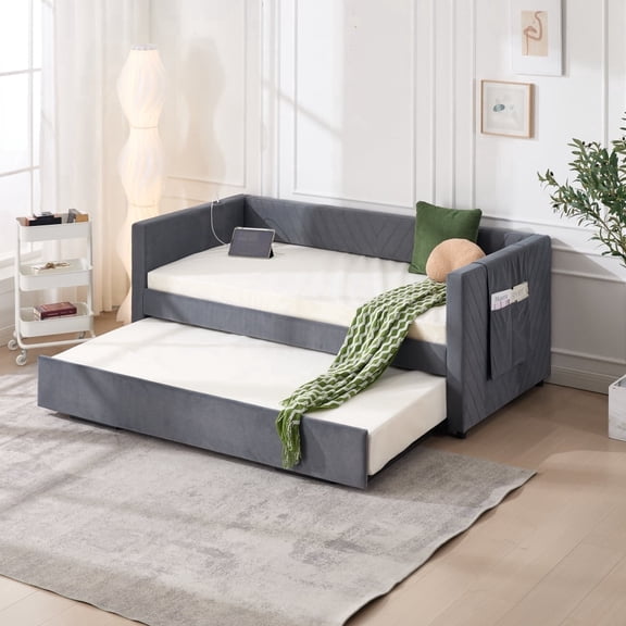 Twin Size Upholstered Daybed with Trundle, USB Charging Port, Modern V-Grained Bed Frame with Side Pockets, No Box Spring Needed
