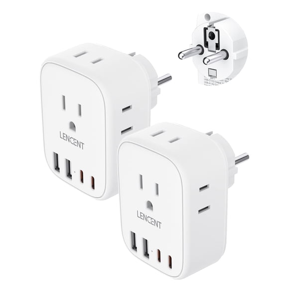 2 Pack Type E/F Travel Adapter,LENCENT Schuko Germany France European Plug Adapter with 4 USB Ports(2 Type C),4 Outlet Converter, Travel Es