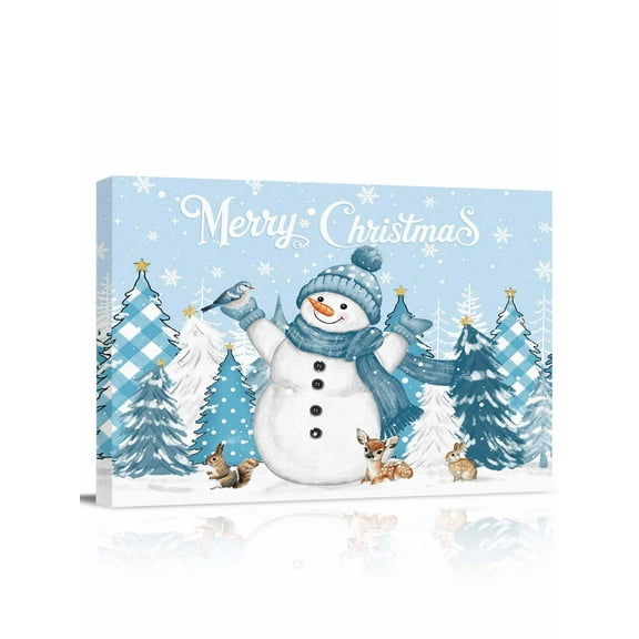 Christmas Snowman Canvas Print Wall Art Framed Canvas Art Wall Decor Xmas Tree Snowflake Light Blue Pictures Painting Morden Artwork for Living Room Bedroom, Ready to Hang - 12"x16"
