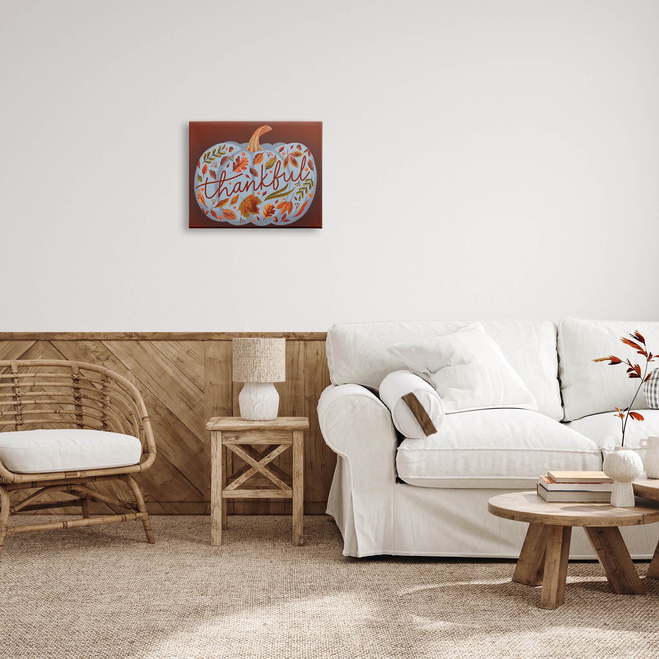 Thankful Leaf Patterned Pumpkin Holiday Graphic Art Gallery Wrapped Canvas Print Wall Art