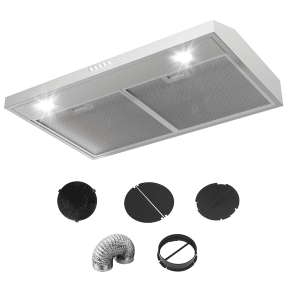 TYEMUI 30 Inch Ductless Range Hood, 9 Inch High Ventless Kitchen Hood with Back Vent Option, No Problem Keep Vena Hood for Under Cabinet or Wall Mount