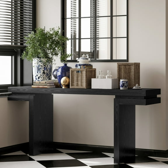 66" Extra Wide Real Wood Veneer Console Table, Modern Minimalist Sofa Table for Entryway Storage, Living Room Display, Home Office Organization - Black Finish