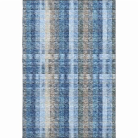 HomeRoots 676454 5 x 8 ft. Denim Blue, Gray & Beige Plaid Washable Machine Made Rectangle Area Rug with UV Protection