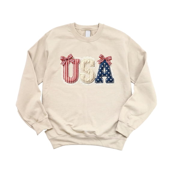 Ink-Printed USA Coquette Bow Sweatshirt for Women Girls Kids Patriotic July 4th Family Matching Sand Sweatshirt Adult Small