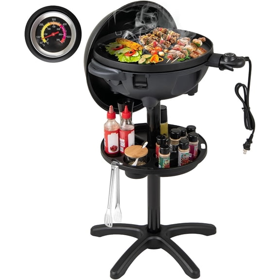 1200W Electric Grill Outdoor, 2-in-1 Freestanding & Tabletop BBQ Grill w/Thermometer, Nonstick Griddle, Lid & Drip Tray, Portable Camping Grill for Patio, Backyard, Party, Black