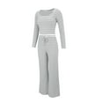 thumbnail image 6 of Prolriy Fall Outfits, Womens 2 Piece Outfits Striped Long Sleeve Square Neck Cropped Top Wide Leg Pants Sets Sweatsuits Lounge Sets for Women Light Ashy XXL, 6 of 8