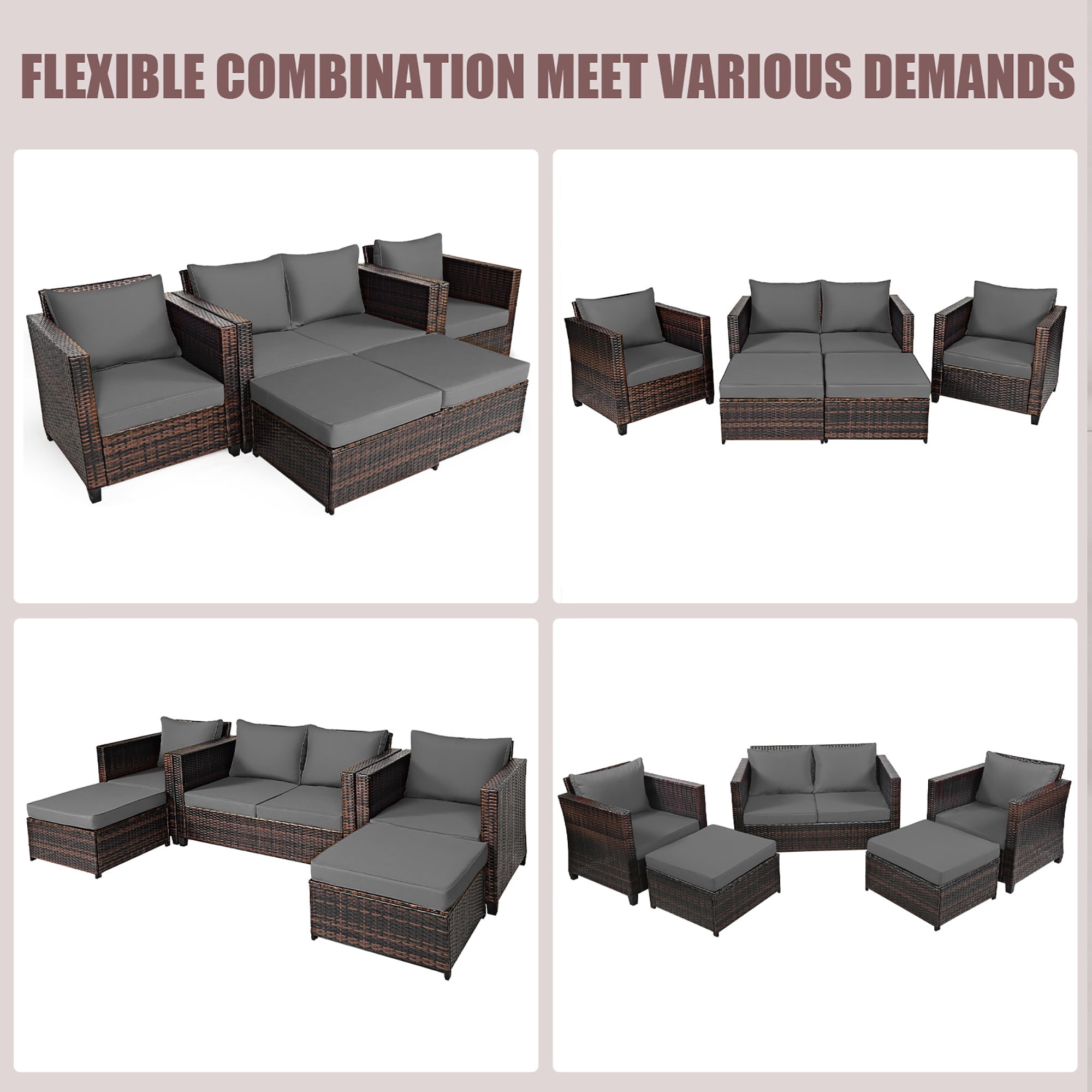 Costway 5PCS Patio Rattan Furniture Set Loveseat Sofa Ottoman Cushioned Gray