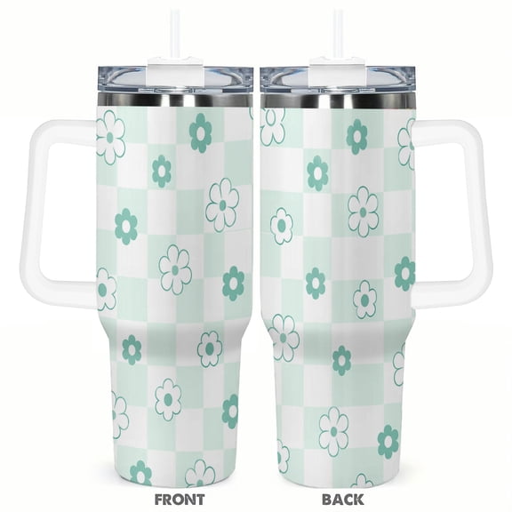 40oz Mint Checkerboard Flower Tumbler with Handle and Straw Retro Daisy Pattern Insulated Car Cup Stainless Steel Travel Coffee Cup Gift