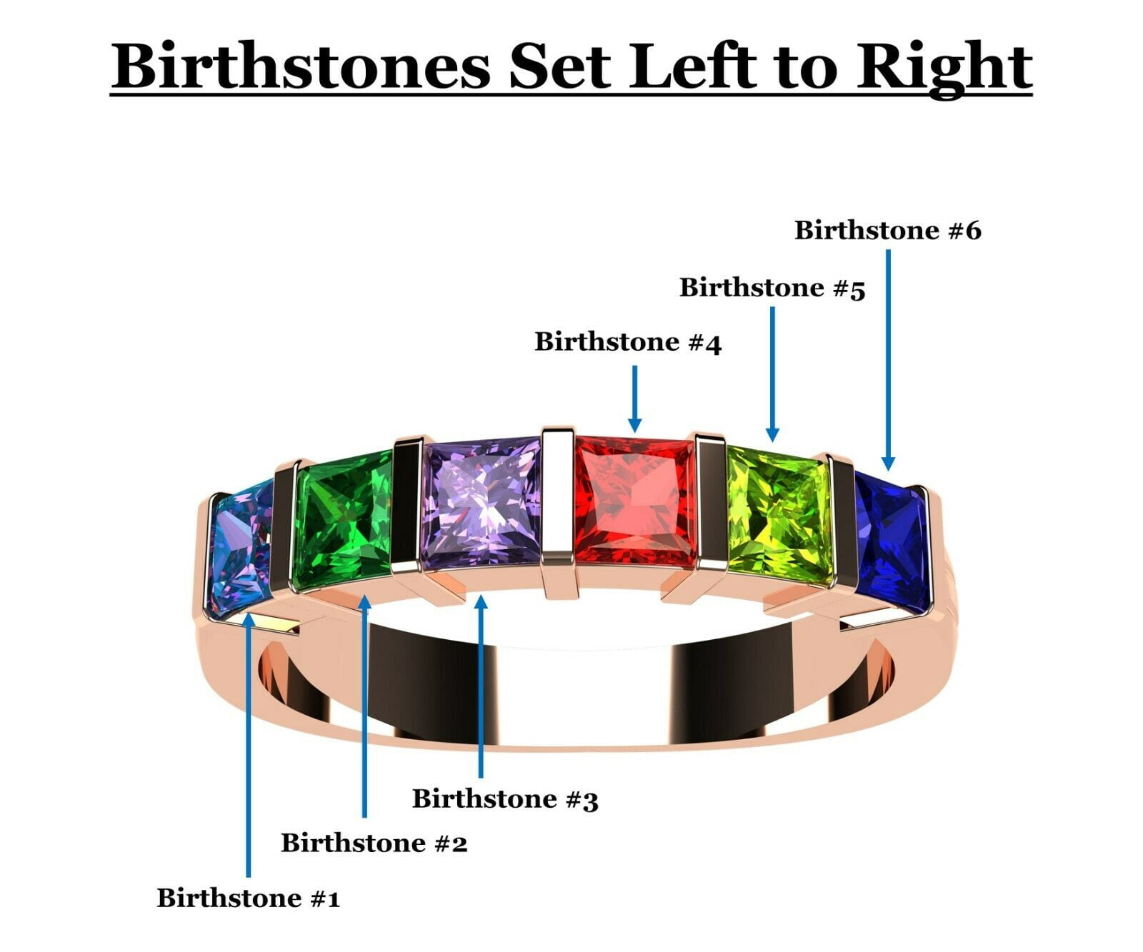 Nana Princess Channel Set 1-6 Mothers Birthstone Rings for Women - 10k Rose Gold, Size 4.5, Stone 3