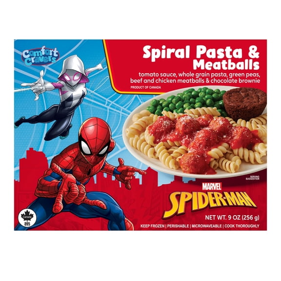 Comfort Cravers Spider-Man Spiral Pasta & Meatballs with Green Peas and Chocolate Brownie, 9 oz (Frozen)