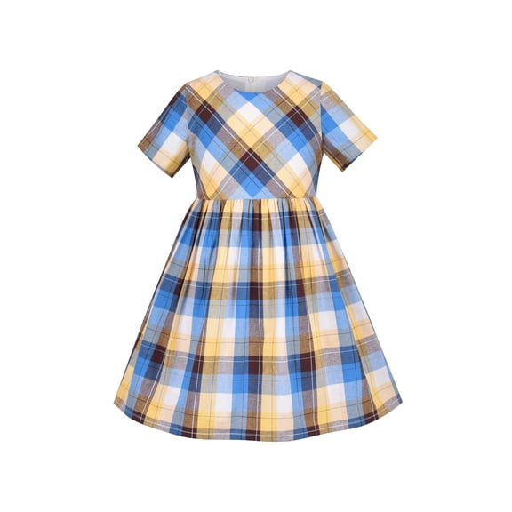 Girls Dress Yellow Blue Brown Plaid Lattice Rural Farm School 4 Years