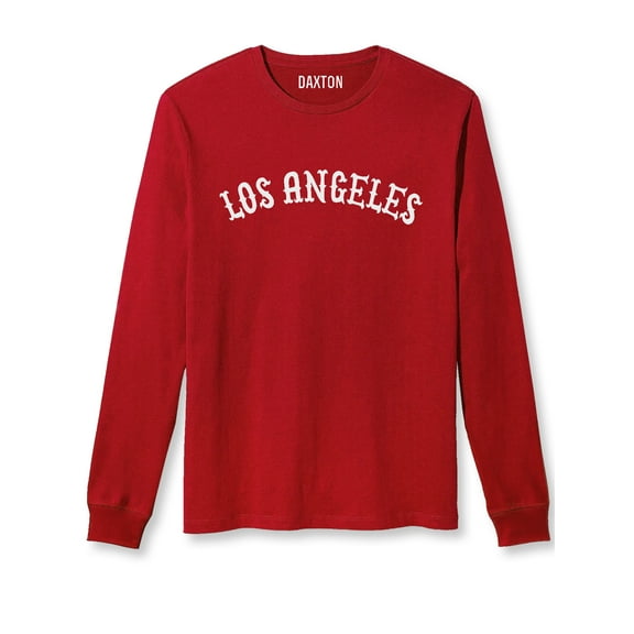 Daxton Retro Los Angeles Arch Font Long Sleeves TShirt Soft Medium Weight, Red Tee White Font, 3XL