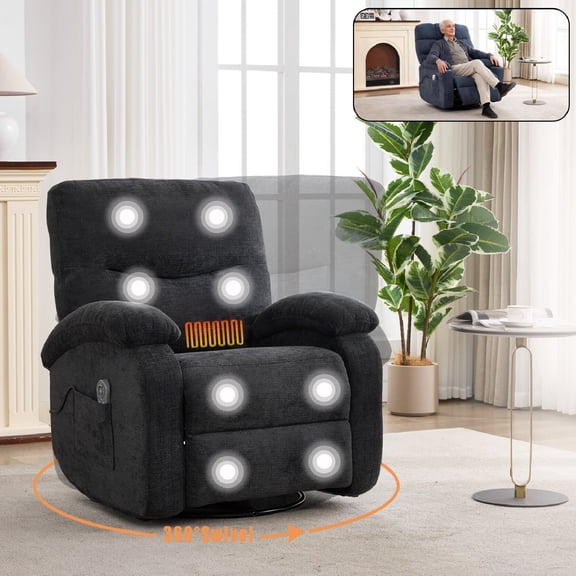 Manual Recliner Chair with Heat and Vibrating Massage for Adults, Chenille Rocking Recliner Chair with Swivel and 2 Cup Holders, Heavy Duty Reclining Chair with Side Pocket for Living Room, Dark Grey