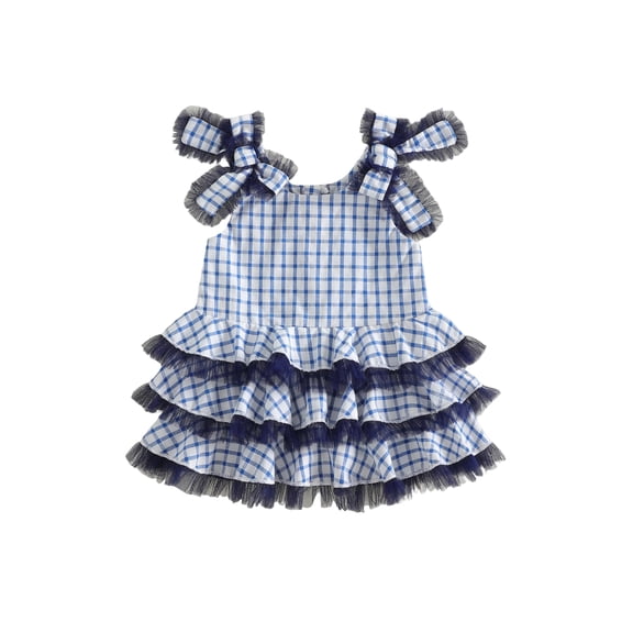 BemeyourBBs Toddler Baby Blue Plaid Dress Bowknot Decor Ruffles Back Zipper Sleeveless Casual Dress Kids Summer Princess Party Dress