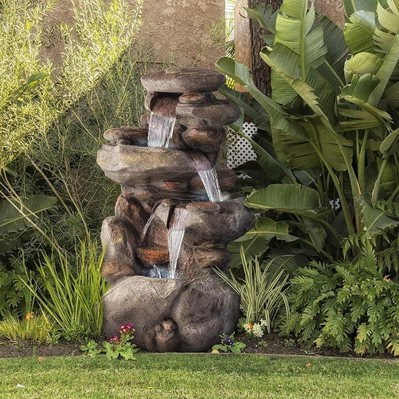 Alpine Corporation WIN1184 40" Outdoor Floor 3-Tiered Rock Waterfall Fountain with LED Lights, Natural Stone Look – Cascading Water Feature for Gardens, Patios, Yards, and Outdoor Décor, Gray