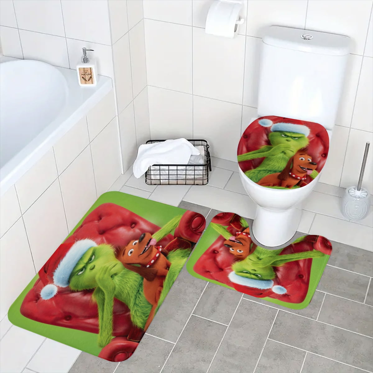 4 Pcs Christmas Shower Curtain Set, Christmas Bathroom Sets with Non-Slip Rug, Toilet Cover & Bath Mat, Green Holiday Shower Curtains for Bathroom Decor with Hook