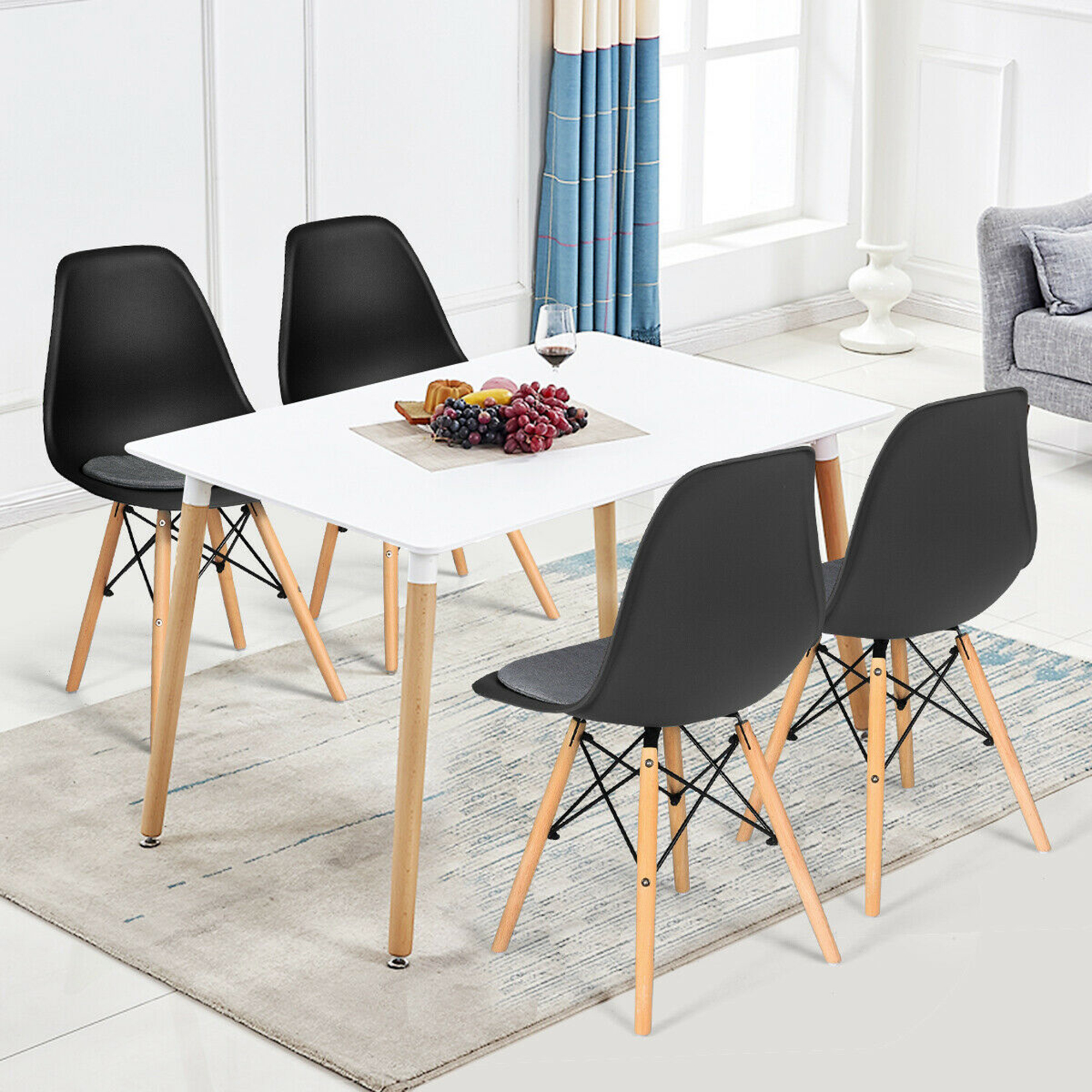 Gymax 4PCS Mid Century Modern DSW Chair Dining Chair Furniture W/ Linen Cushion Black