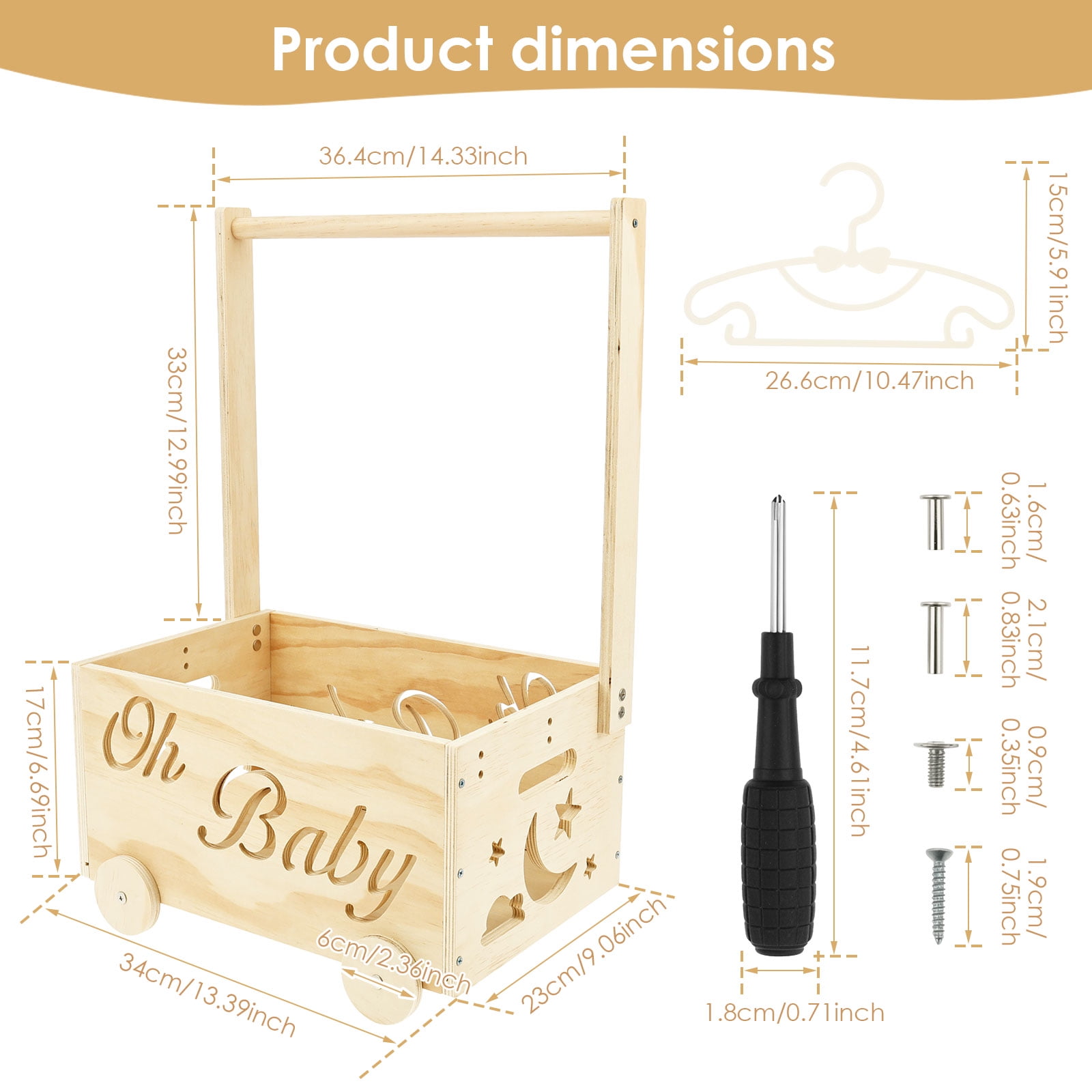 Wooden Baby Shower Crate Closet with Wheels Creative DIY Baby Shower Present Basket with 6 Hangers for Clothes Toys