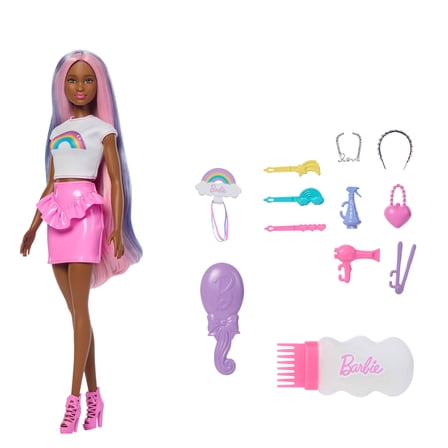 Barbie Rainbow Sparkle Hair Fashion Doll with Extra-Long Hair and 12 Styling Accessories
