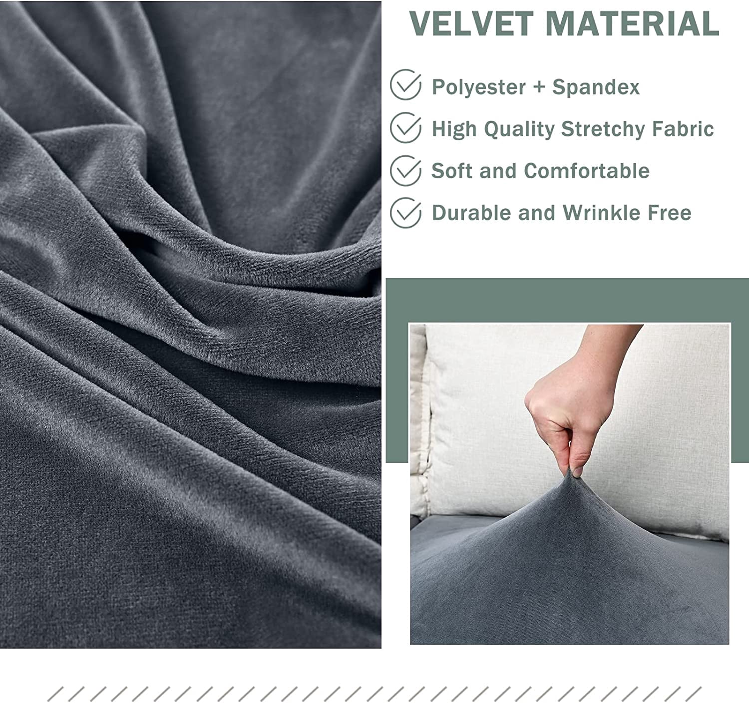 DONGPAI Stretch Velvet Couch Cushion Covers for Sectional Sofa L Shape, Sofa Couch Soft Seat Slipcover, Dark Gray(for 4 Cushions,1 Piece)