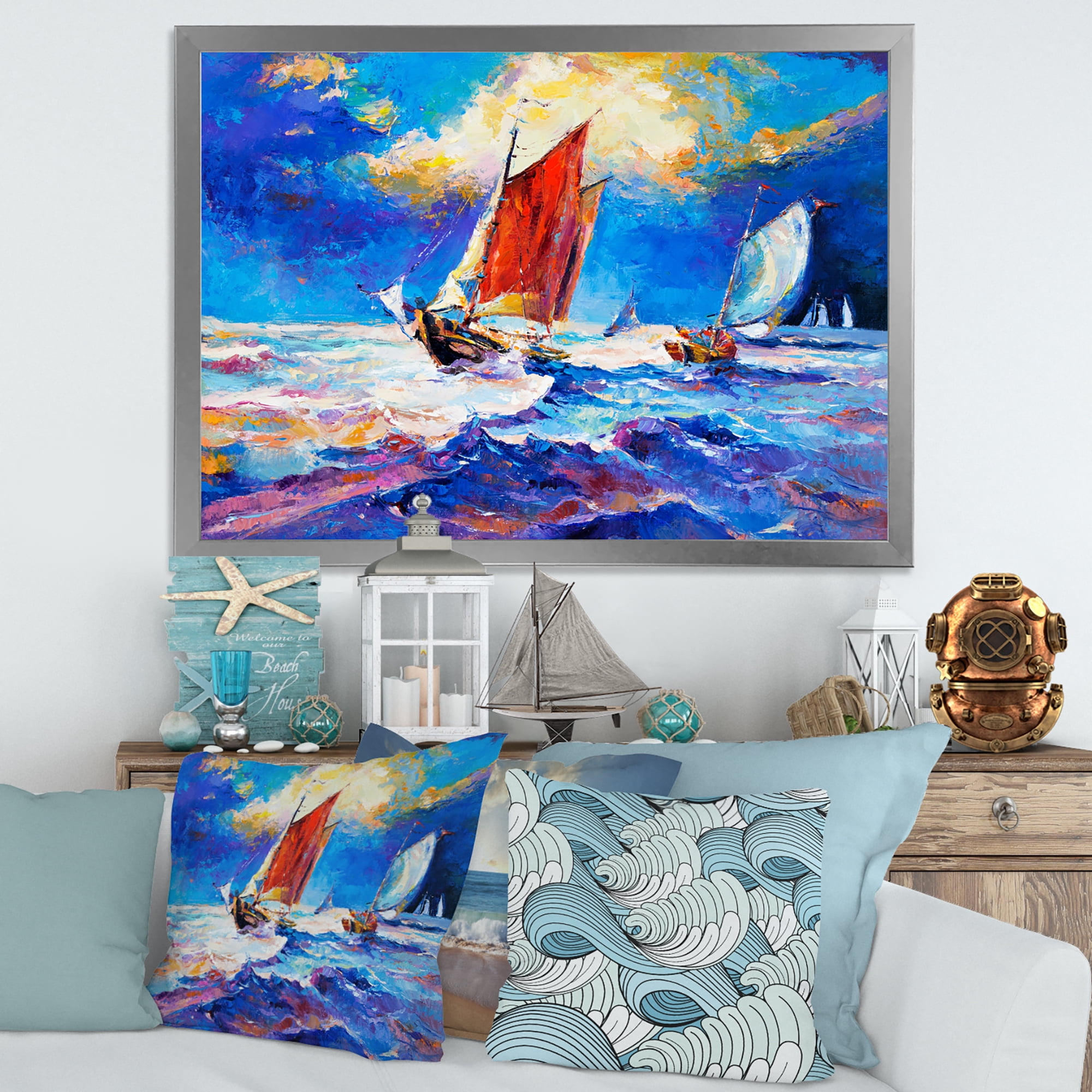 Sail ships On The Ocean Waves During Evening 20 in x 12 in Framed Painting Canvas Art Print, by Designart