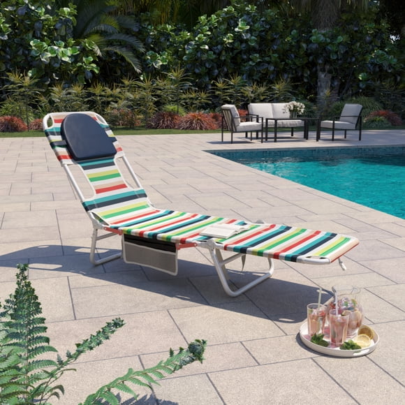 Mainstays Steel Folding Backpack Face-Down Beach Lounger with Side Pocket & Cup Holder, Multi Stripe