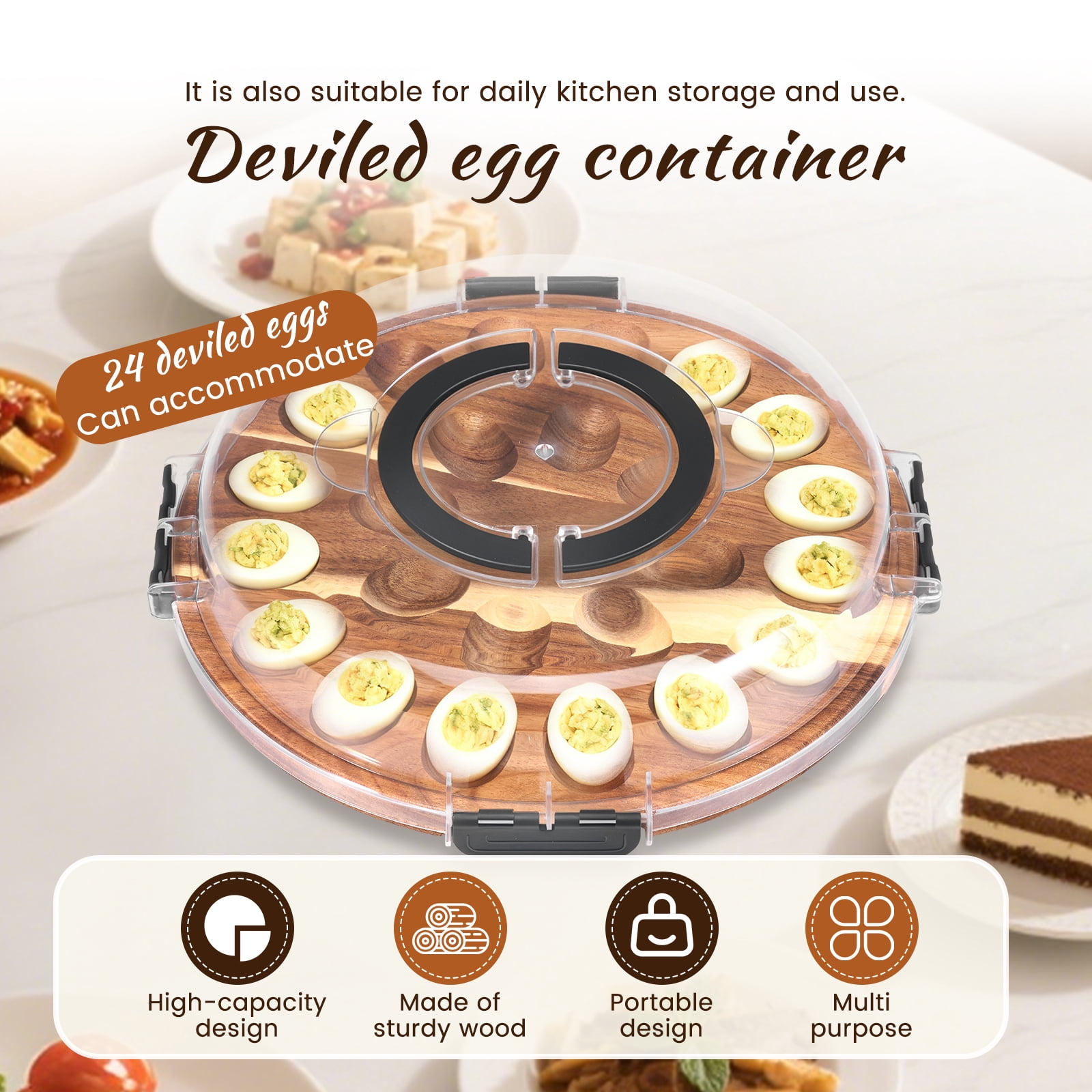 Tcwhniev Deviled Egg Container with Lid, 24 Slot Wooden Deviled Egg Tray & Carrier, Portable Egg Storage Platter for Party, Kitchen & Home Use