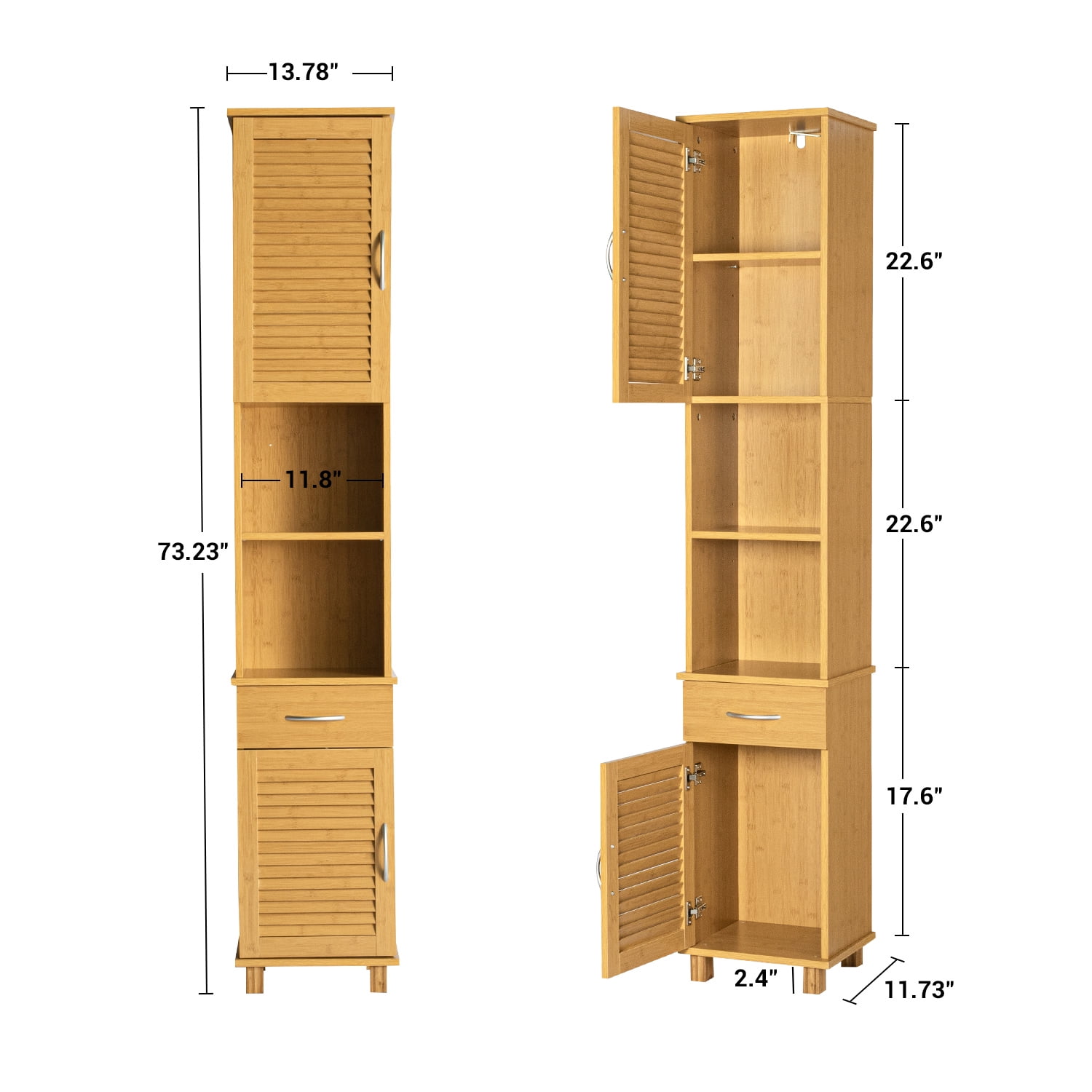Kadyn Bathroom Slim Linen Tower Storage with 2 Shutter Doors, Floor Cabinet Cupboard Free Standing Organizer for Bathroom, Bathroom Storage Cabinet with Open Shelves, Brown
