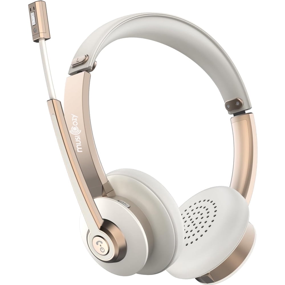 MUSICOZY Bluetooth Headset with Microphone, Wireless Headphones with Noise Cancelling Mic, 26hrs talktime, On Ear Headphones with Mic Mute for Mac/Laptop/Zoom/Teams/Call Center/Office/Home Gold